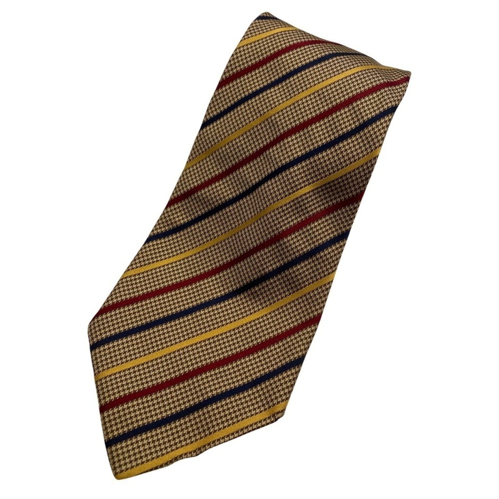 Neiman‎ Marcus Silk Tie Mens Tan Houndstooth Striped Blue Red Gold Made in Italy